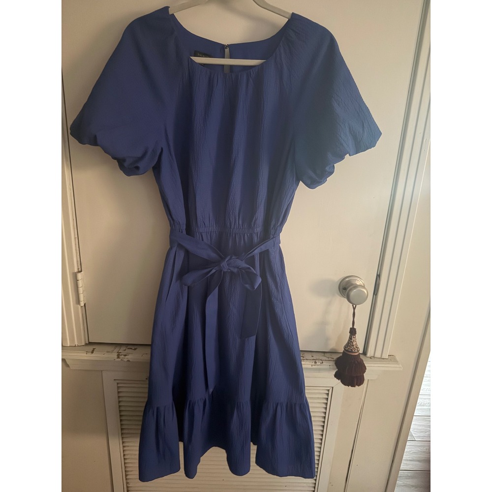 Talbots Royal Blue Textured Puff Sleeve Ruffle Hem Belted Fit Flare Dress Med